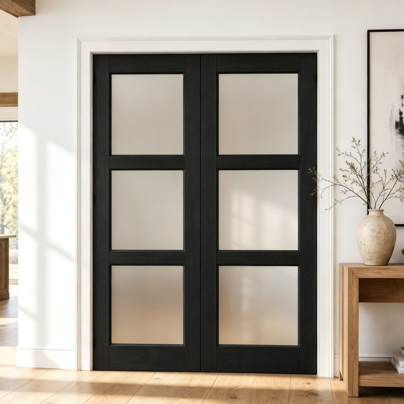 Double porte intérieure noire avec cadre - 3 portes françaises en verre givré texturé pré-assemblé, 60"X80"