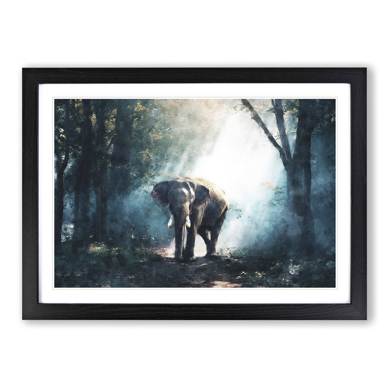 Elephant Roaming in a Green Forest - Picture Frame Graphic Art Print, Black Framed, 62cm H x 87cm W x 2cm D