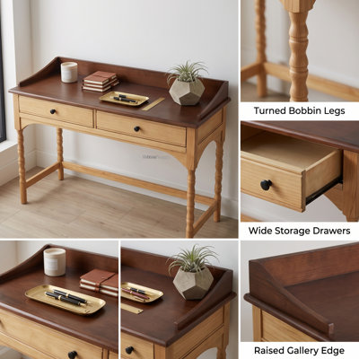 Bureau d'écriture en bois avec pieds de canette tournés et tiroirs de rangement