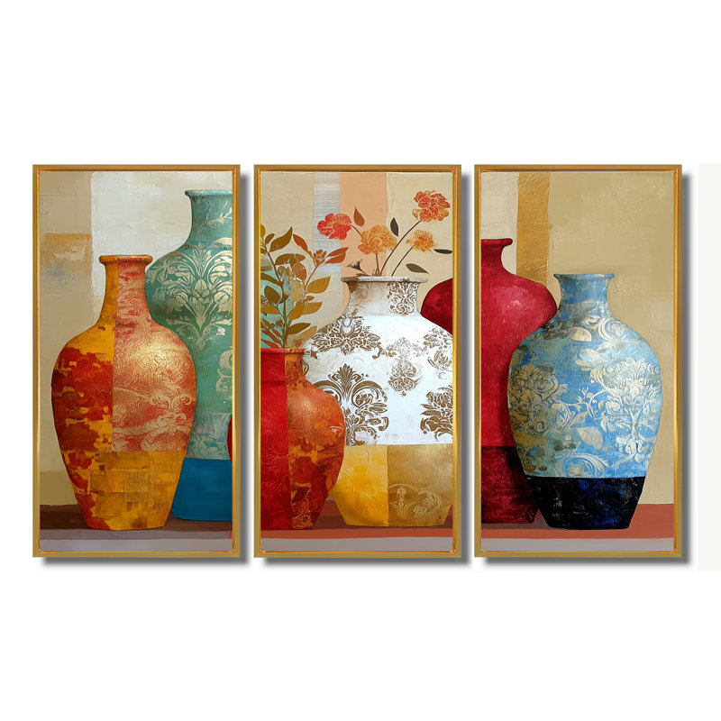 Ensemble de vases Boho Plants Moroccan, Reproduction avec cadre flottant, H 32 po x l 48 po, Doré