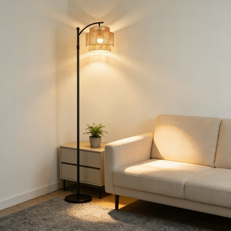 Adjustable Height Floor Lamp With Remote & Foot Switch - Dimmable Rattan Arc Standing Lamp With Rotating Shade, 3 Colour Temperatures For Living Room And Bedroom