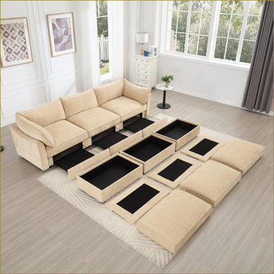 Canapé modulaire modulaire 3 places avec 3 repose-pieds Tiroirs de rangement pour le salon | Chenille | Blé