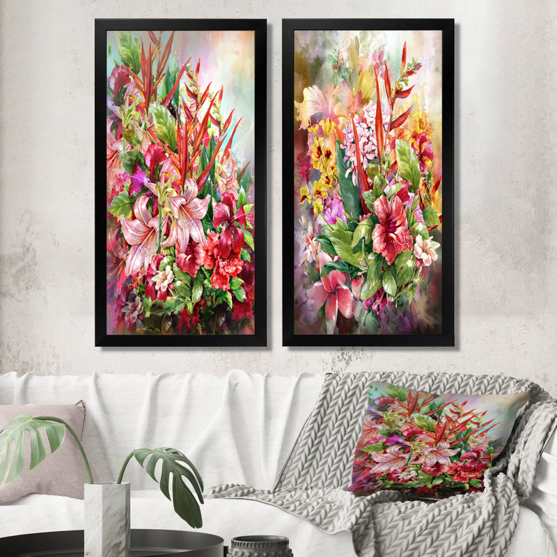 Ensemble de 2 peintures sur toile rétro multicolores printanières, H 32 po x l 32 po x P 1 po, Cadre photo noir