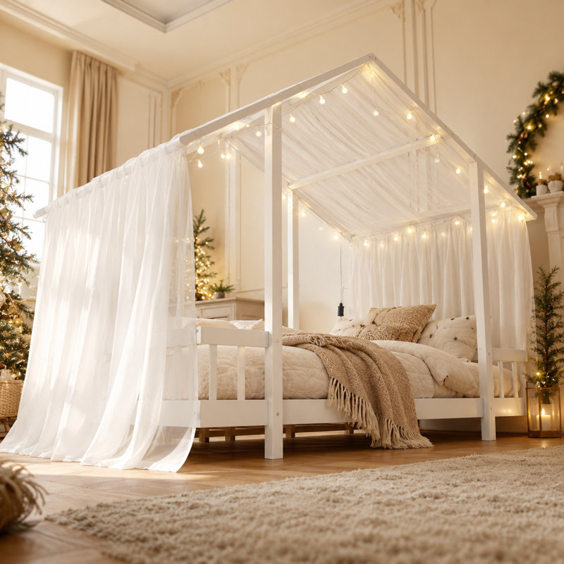 Lit cabane complet avec baldaquin, guirlande lumineuse et barrières de sécurité, lit plateforme en bois pour enfants avec sommier à lattes, sans sommier tapissier nécessaire
