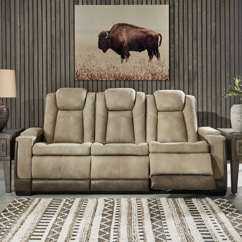 86'' Faux Leather Power Reclining Sofa, Sand Faux Leather, Brown/Beige