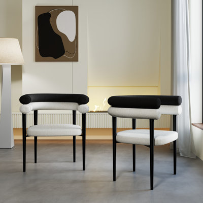 Modern Two-Tone Boucle Fabric Upholstered Dining Chair With Black Metal Legs