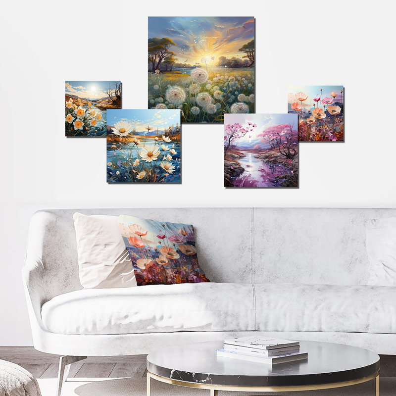 «Daisy Dreamscape Flowers Field», ensemble d'art mural champ de fleurs, ensemble de 5