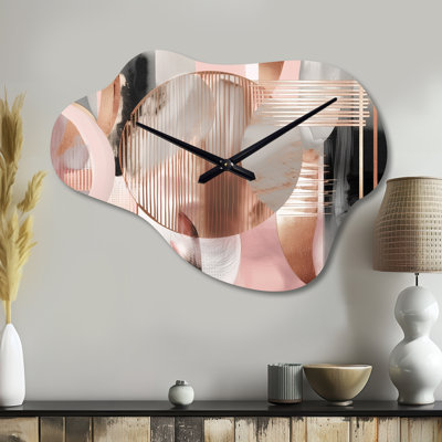 Rose, rayures et lignes, art moderne IV - formes transitionnelles, forme irrégulière, horloge murale en métal, horloge murale asymétrique moderne