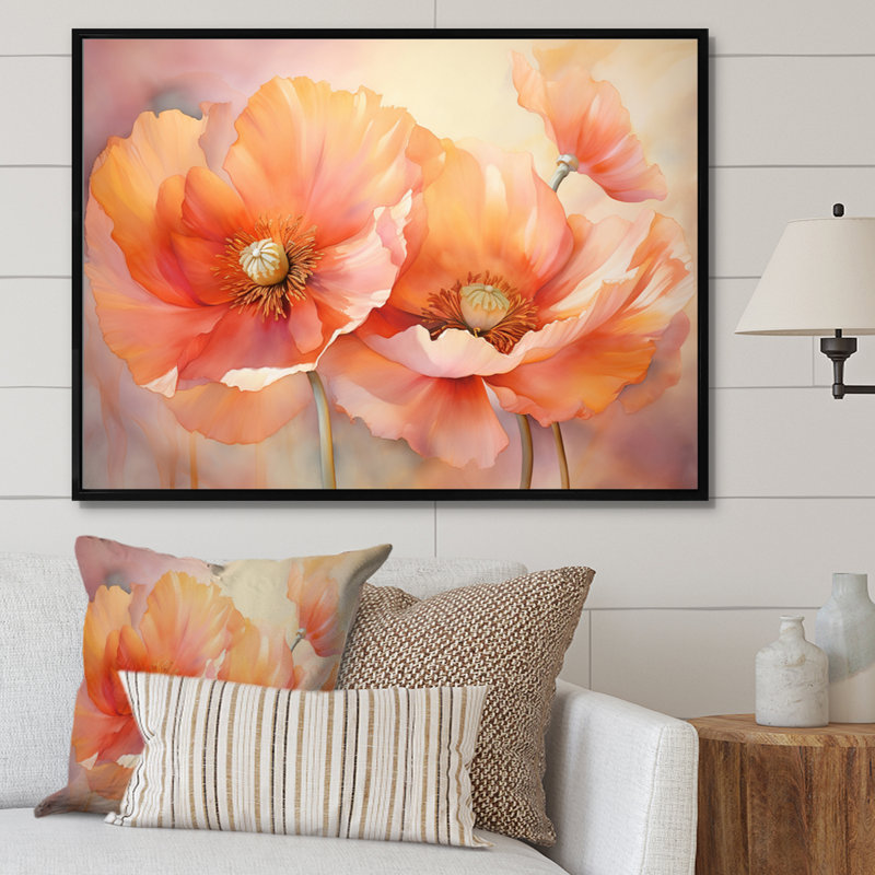 Coral Poppies Romantic Impression VI - Art mural de coquelicots pour le salon, Cadre flottant noir