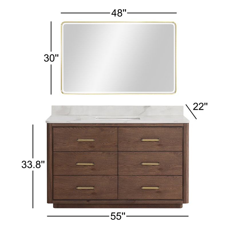 Porto 55'' Free Standing Single Bathroom Vanity with Quartz Top, Dark Brown, Gold