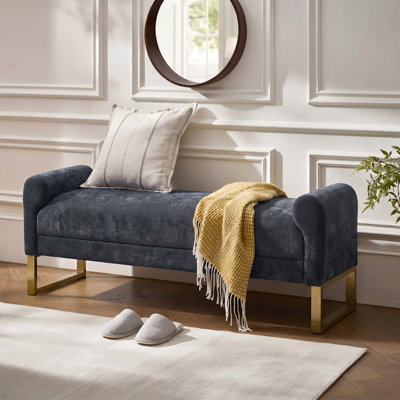 Banc de repose-pieds 65 po, banc en chenille pour chambre à coucher, banc de bout de lit rembourré et pieds dorés, bancs de chambre à coucher avec accoudoirs pour fenêtre de salon et entrée