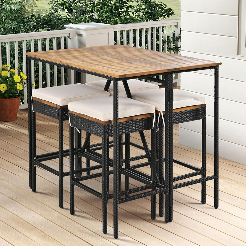 Ensemble 5 pièces de table de bar pliable en bois massif avec 4 tabourets et coussins moelleux, ensemble de bistro en osier de rotin PE