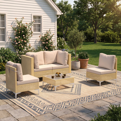5-Piece Wicker Patio Furniture Set,Boho Outdoor Conversation Set Sectional Sofa with Water Resistant Thick Cushions and Coffee Table,Yellow/Beige