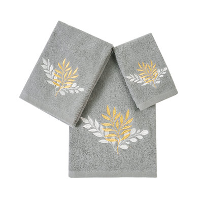 Home Premium Luxury Decor Ultra Soft 100% Cotton Towels Woven Embroidered Bathroom Modern 3 Piece Bath hand Towel Set, Modern Leaves with Grey Base Pattern