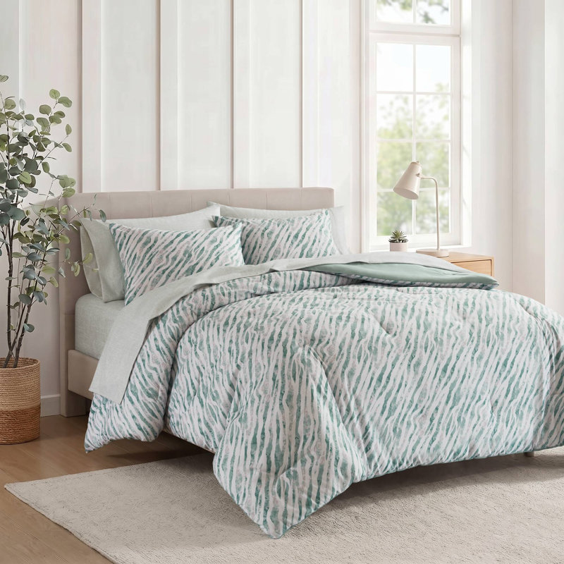 Abstract Comforter Set Full Size Polyester 7-Piece with Sheets in Green