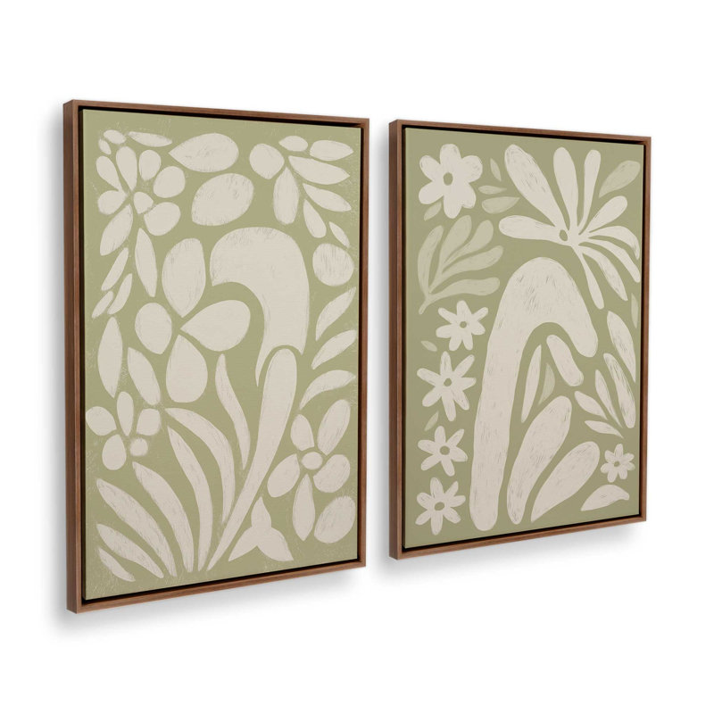 Ensemble de 2 impressions «Whimsy in Bloom», Cadre flottant en noyer, 18 po x 12 po