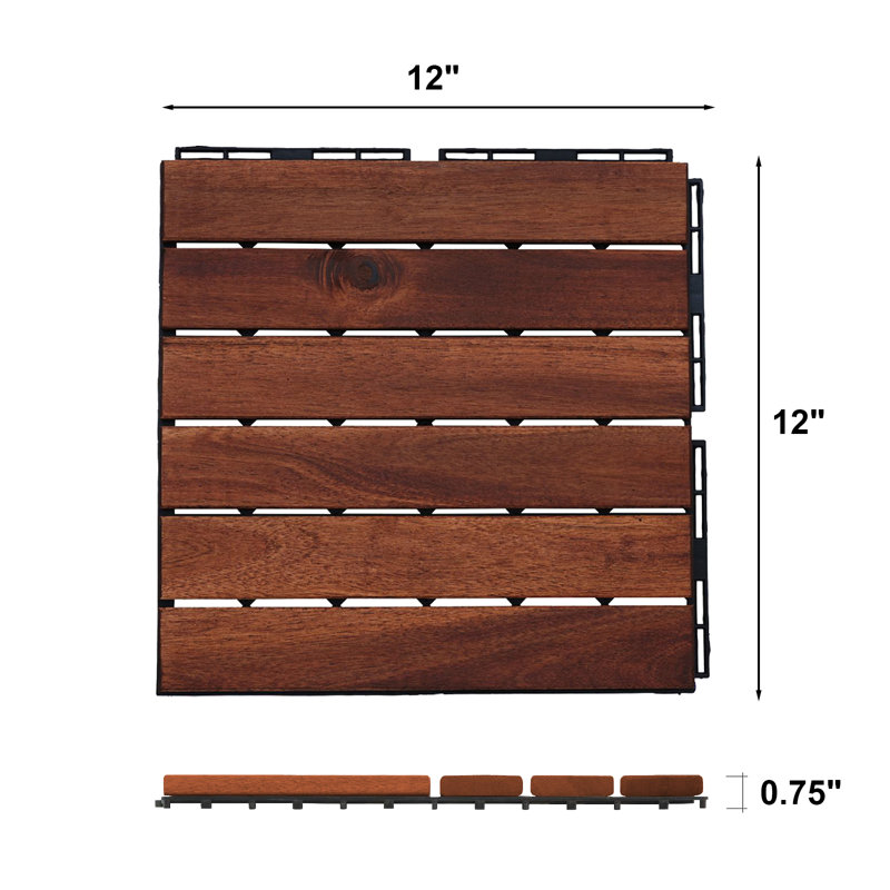 Acacia wood interlocking deck tiles (12 "x12" 30-piece set)–Snap-on type with drainage base, suitable for terraces, balconies and swimming pools.