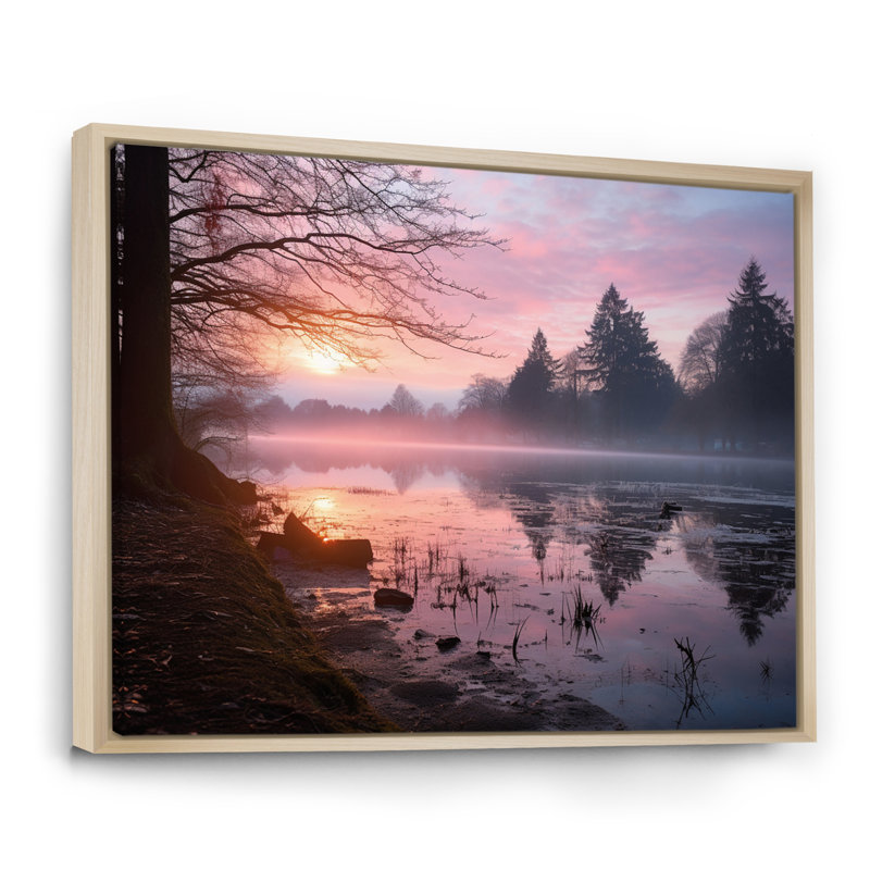 «Pastel Sunrise Misty Mountain Lake I», reproduction, 30" H x 40" W, Cadre naturel flottant