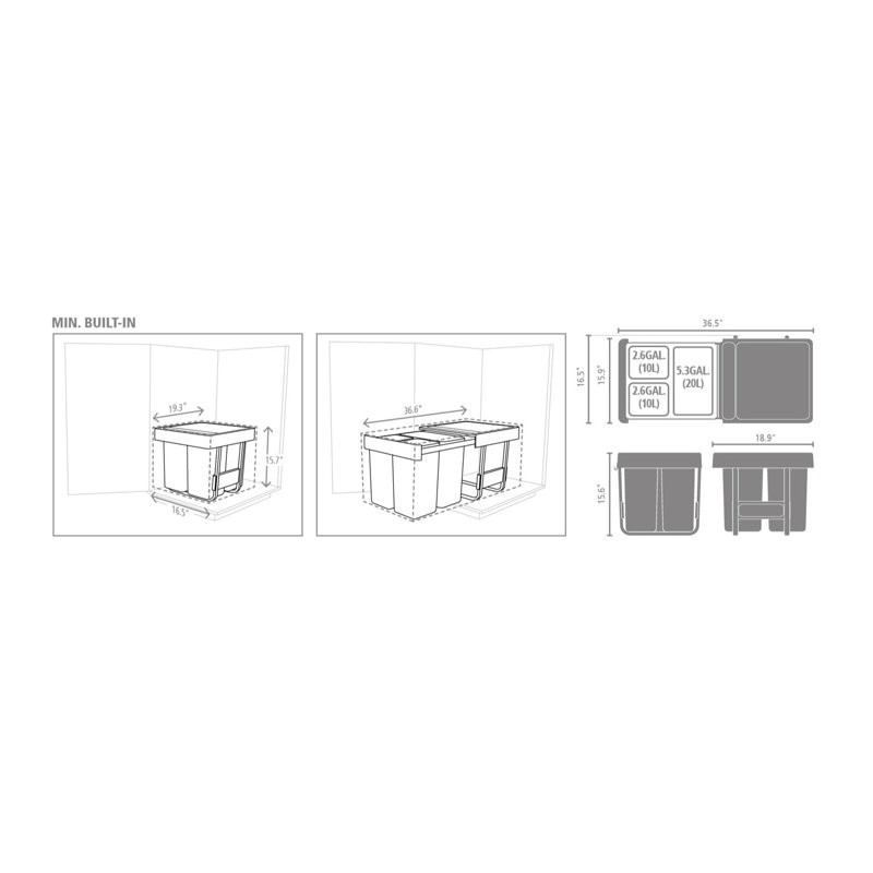 Sort & Go Pull Out In-Cabinet Plastic Dual Compartment Recycling Bin, 2.6 + 2.6 + 5.3 Gallon