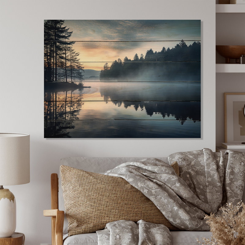 «Morning Mist Sunrise By The Lakeside», impression de paysage de lac sur bois, H 30 po x l 40 po x P 0,78 po