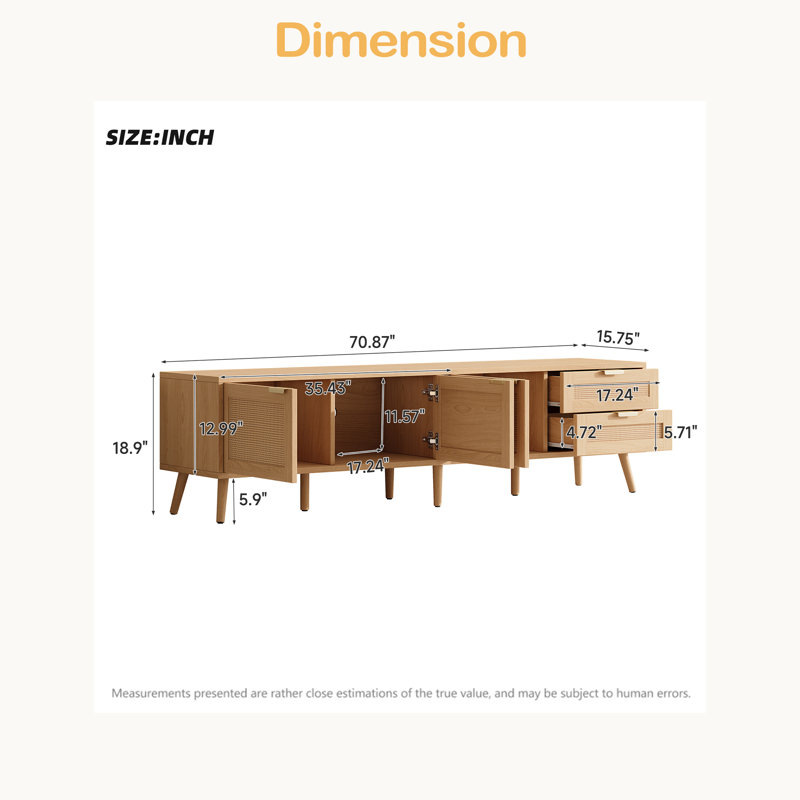 Meuble télé 70 po 70 po avec portes en rotin pour téléviseur de 80 po ou moins, console média avec espace de rangement