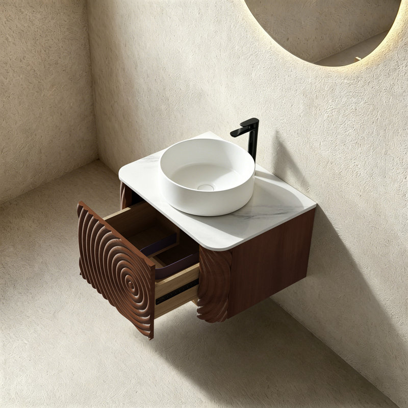 Ensemble de meuble-lavabo mural, lavabo de salle de bain flottant avec lavabo rond en céramique et armoire latérale, ensemble de meuble-lavabo texturé à ondulation d'eau pour les petits espaces, peu encombrant