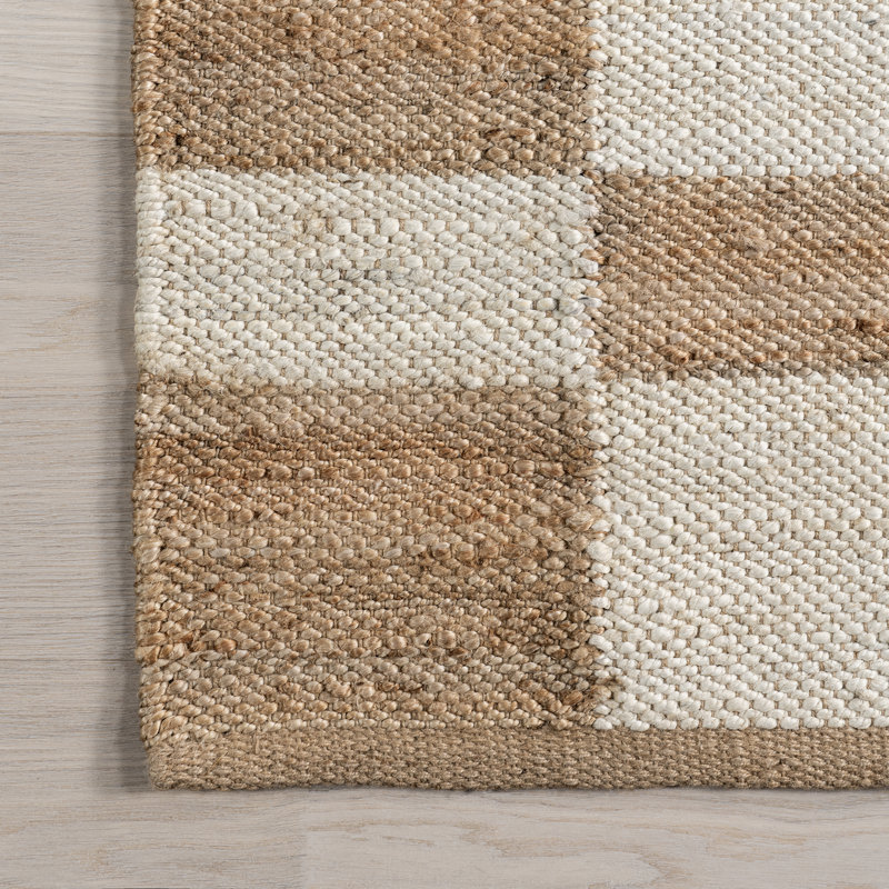 Ivory and Beige Checkered Cotton Jute Rectangular Rug