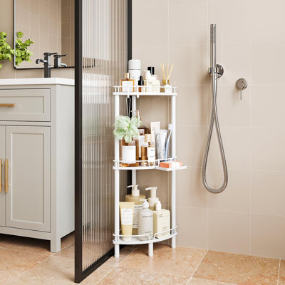 Corner Shower Caddy Standing, 3 Tier Metal Shower Organizer, Stainless Steel Shower Shelves with Soap Holder, Adjustable Feet & 2 Hooks for Storing Bath Essentials in Bathroom Corner, (White)