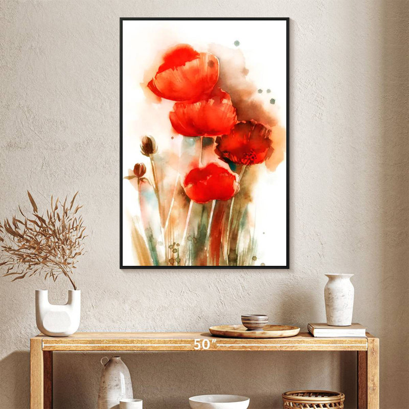 Coquelicots sauvages à l'aquarelle, 27 po x 40 po, Cadre flottant noir