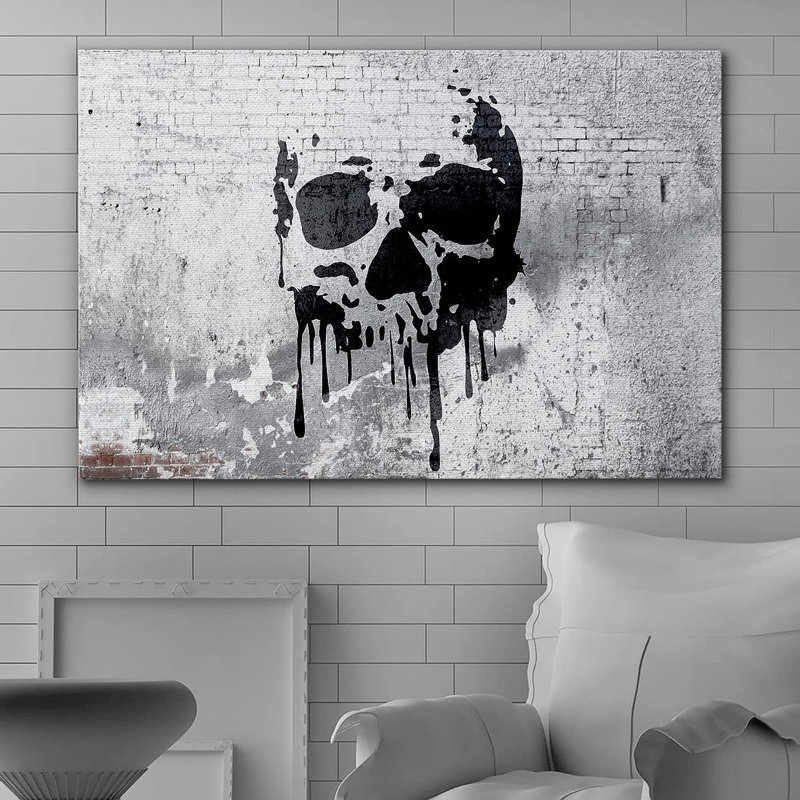 «Melting Skull On Gritty Grey City Wall Abstract Shapes», impression sur toile, H 32 po x l 48 po x P 1,5 po, Toile tendue