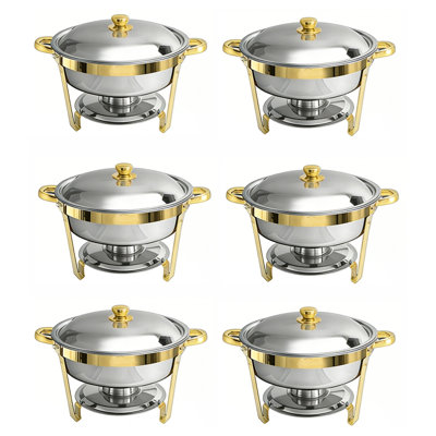 Ensemble de 6 réchauds ronds en acier inoxydable avec accents dorés - équipement de restauration buffet haut de gamme pour les mariages, les fêtes et les repas à domicile
