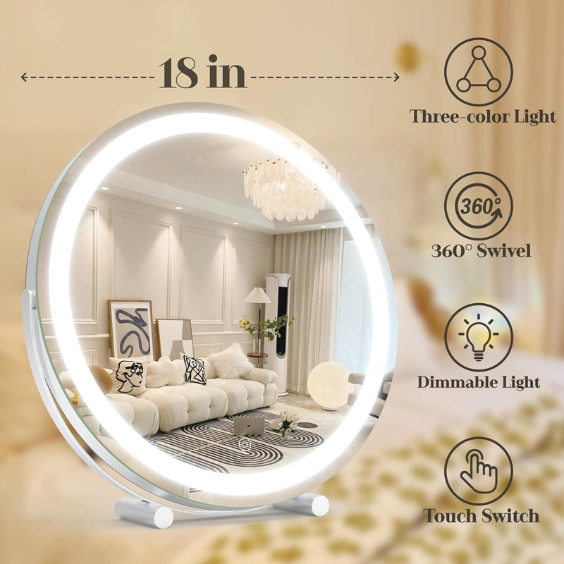 Miroir de salle de bain lumineux avec contrôle tactile intelligent, lumières DEL à intensité variable 3 couleurs, conception ronde rotative à 360 °, base stable pour l'application de maquillage