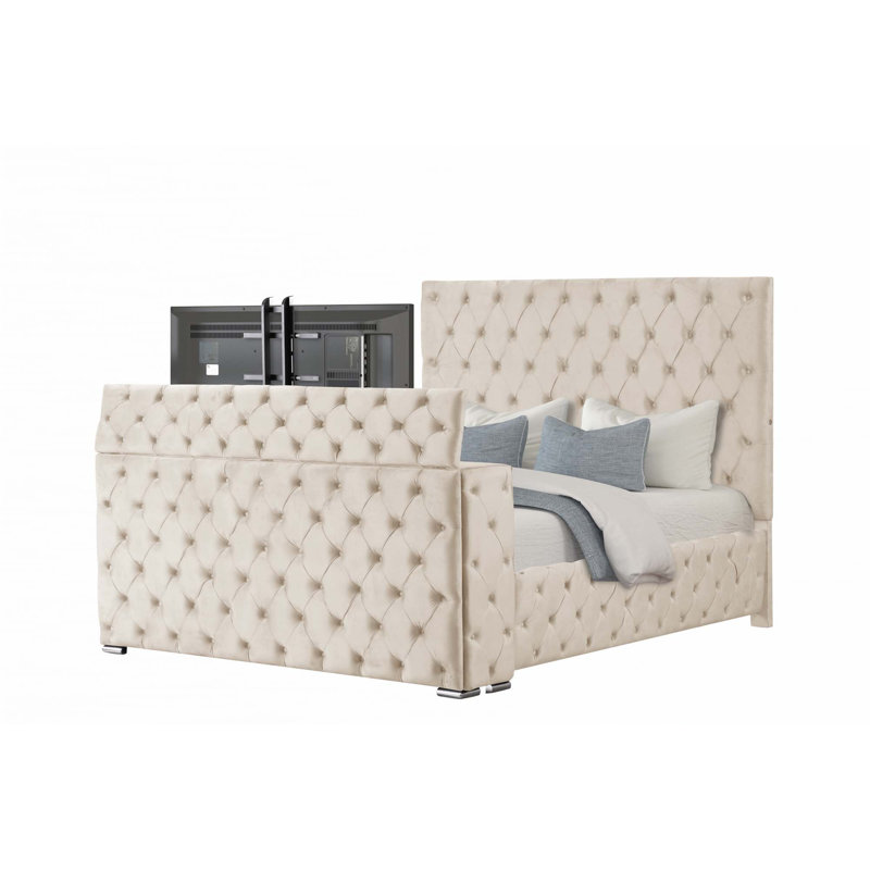 Lit capitonné et rembourré de style moderne Encore en bois (lit seulement), Grand, Beige