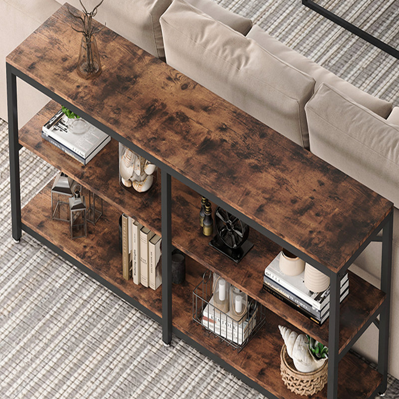 Console très longue de 70,9 po avec tablettes de rangement, canapé industriel à 3 niveaux derrière le canapé, table d'entrée moderne avec structure en X en métal, bibliothèque de couloir étroite pour le salon, brun rustique