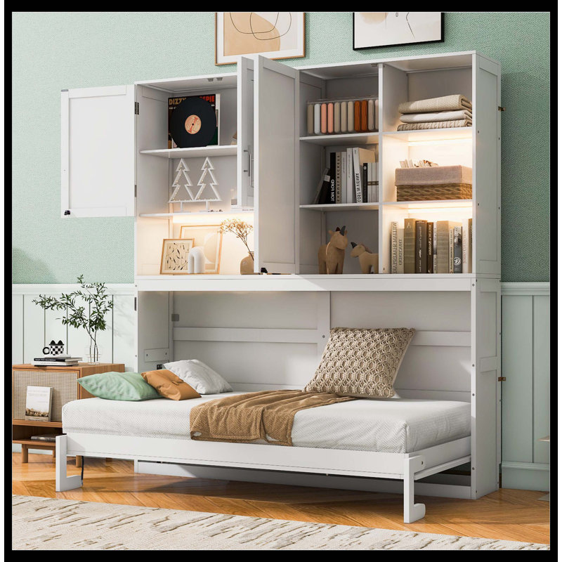 Lit escamotable mural simple avec armoire supérieure, tablettes, lit pliable peu encombrant avec lumière et USB, blanc, Blanc