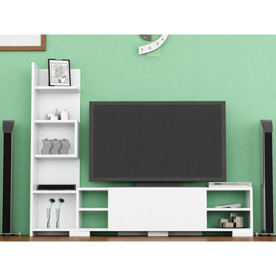 Meuble télé moderne blanc avec plusieurs tablettes, 63,0 x 47,2 x 11,6 pouces | 100% panneau de particules enduit de mélamine, épaisseur: 0,7 pouce | Conception murale, rangement élégant et fonctionnel pour le salon et les espaces de divertissement