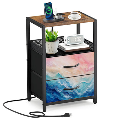Table de chevet 2 tiroirs en tissu avec station de charge Abstrait océan vagues bleu rose dégradé de style aquarelle Table de chevet avec ports USB et prises