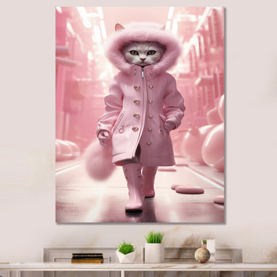 Chat blanc Fashionista en manteau rose