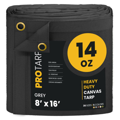 PROTARP Heavy Duty 14 OZ Water Resistant Canvas Tarp, UV Resistant Tarpaulin Cover with Rustproof Brass Grommets, Multipurpose for Canopy, Roof, Camping, Woodpile . (Grey)