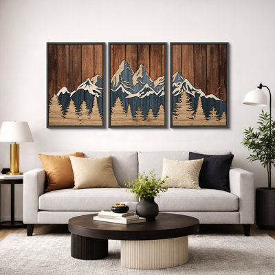 «Western Wood Effect Landscape», œuvre d'art de la forêt de montagne abstraite brune, images murales de cabane de ferme rustique, ensemble de 3 impressions sur toile encadrées
