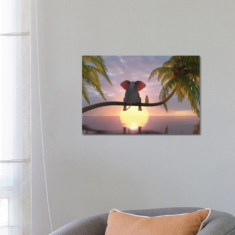 Elephant And Dog Sit On A Palm Tree On The Beach by Mike Kiev - Print on Canvas, 45.72cm H x 66.04cm W x 1.91cm D