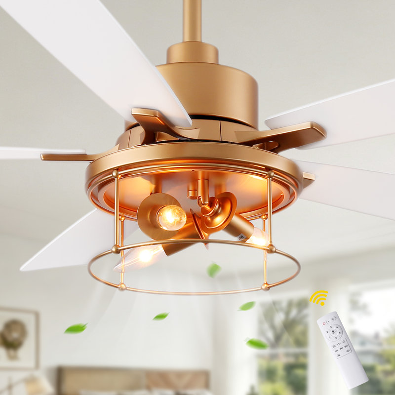 Ventilateur de plafond industriel doré de 132 cm avec lumière et télécommande, moteur CC réversible à 6 vitesses, grand ventilateur de plafond moderne avec cage pour salons