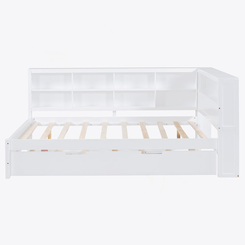 Lit de jour double en bois avec lit gigogne simple, lit de jour avec tablette de rangement et ports de chargement USB, blanc