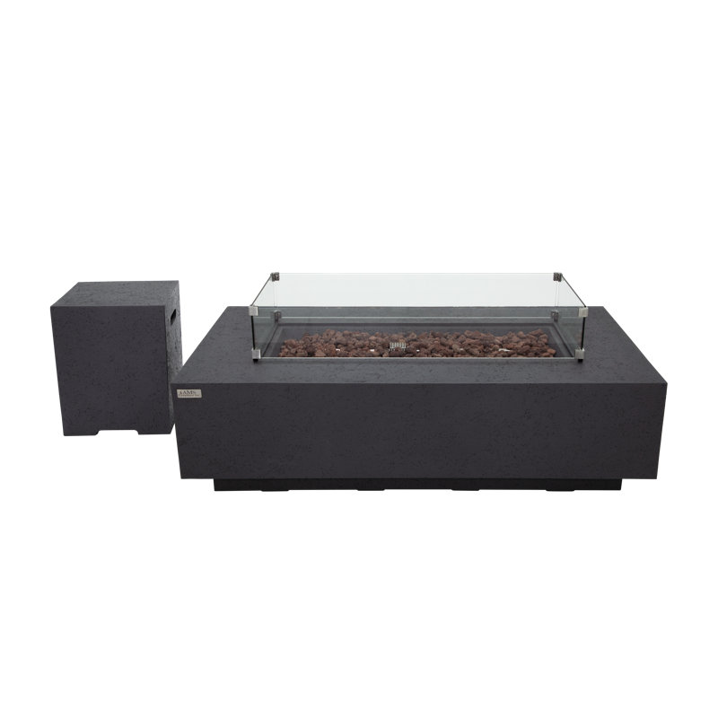 Madison 60" Travertine Propane Fire Pit Table with Wind Guard, Burner Lid, & Tank Cover, Dark Grey