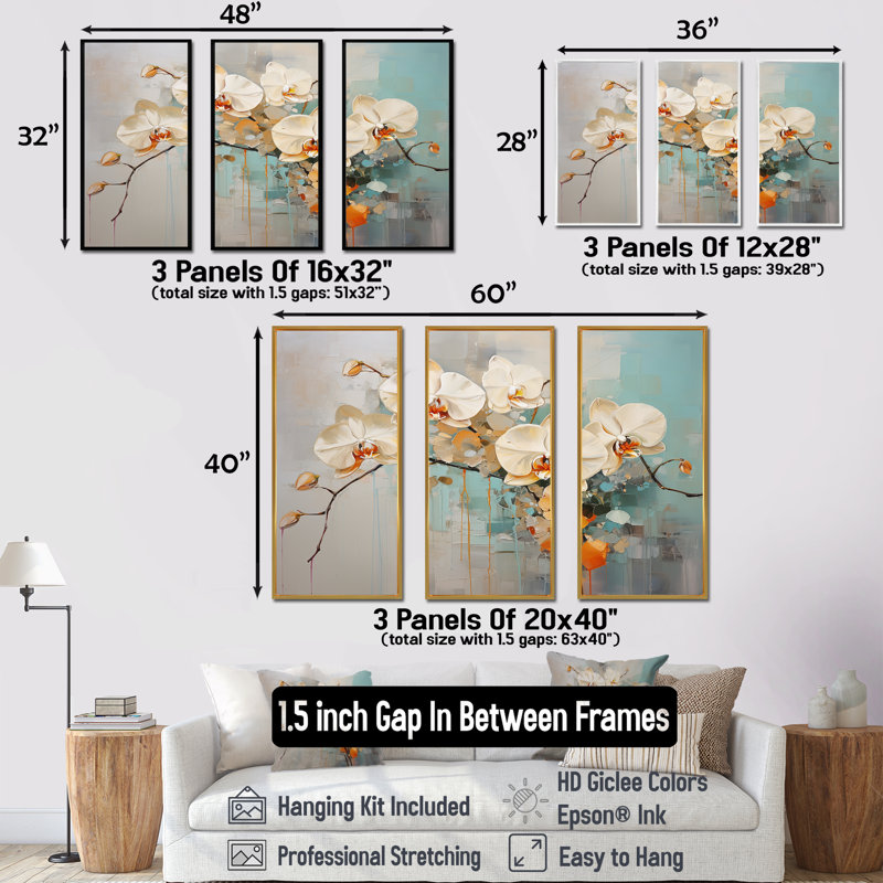 Orchidées beiges tranquillité - ensemble d'art mural orchidées, Cadre naturel flottant, H 32 po x l 48 po x P 1 po