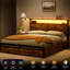 Cadre de lit moderne Livia avec 4 tiroirs et tête de lit ouverte avec rangement, lampe DEL réglable et station de recharge, sommier non requis.-975702858-940183712