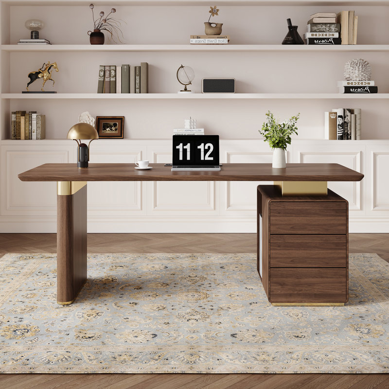 Walnut Wood Desk With Built-In Power Outlet Storage Drawers And Open CPU Compartment