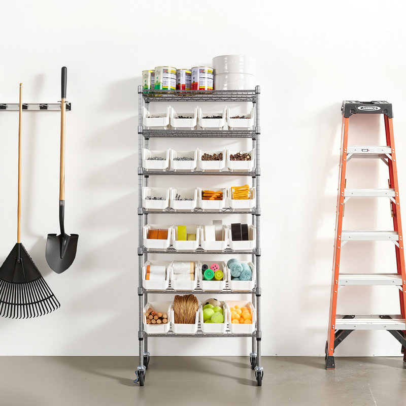 Étagère de rangement à 7 niveaux, 24 petits bacs, système de rangement en fil d'acier avec roulettes, organisateur d'outil mobile pour le garage, l'entrepôt, le bureau, le restaurant, la salle de classe, la cuisine