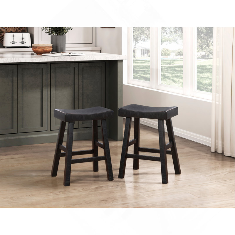 Ensemble de tabourets à hauteur de comptoir de conception transitionnelle 2 pièces en bois d'hévéa massif, Noir