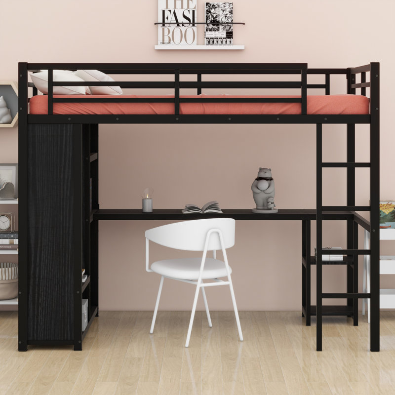 Lit mezzanine compact en métal avec garde-robe de rangement, bureau et tablettes de présentation